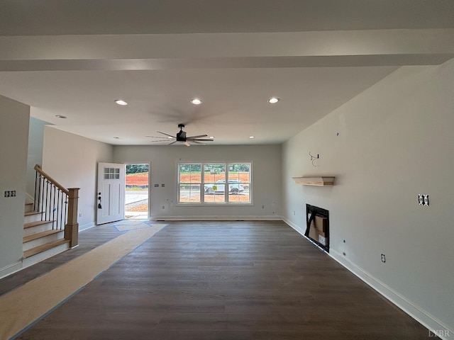 3 Live Oak Dr, Forest, VA 24551 - unfurnished living room featuring stairway, dark wood-style flooring, a glass covered fireplace, recessed lighting, and a ceiling fan