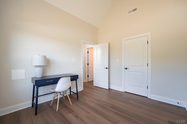 3 Live Oak Dr, Forest, VA 24551 - office area featuring high vaulted ceiling, dark wood finished floors, and baseboards
