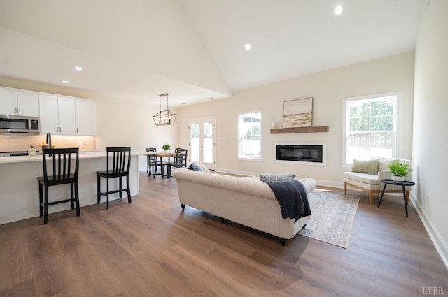 3 Live Oak Dr, Forest, VA 24551 - living area with recessed lighting, dark wood-type flooring, a glass covered fireplace, vaulted ceiling, and baseboards