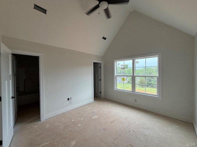3 Live Oak Dr, Forest, VA 24551 - unfurnished bedroom featuring high vaulted ceiling, baseboards, ceiling fan, and ensuite bath