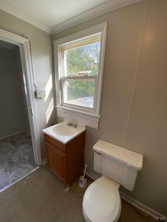 2278 Otey St, Lynchburg, VA 24501 - bathroom featuring vanity, baseboards, crown molding, and toilet