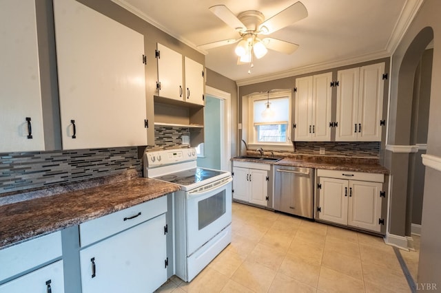 4610 Alabama Ave, Lynchburg, VA 24502 - kitchen featuring backsplash, dark countertops, white electric stove, and dishwasher