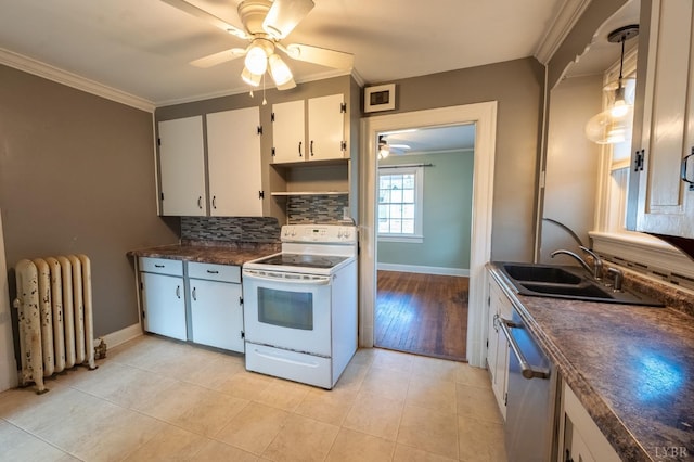4610 Alabama Ave, Lynchburg, VA 24502 - kitchen with stainless steel dishwasher, dark countertops, ceiling fan, radiator heating unit, and electric stove