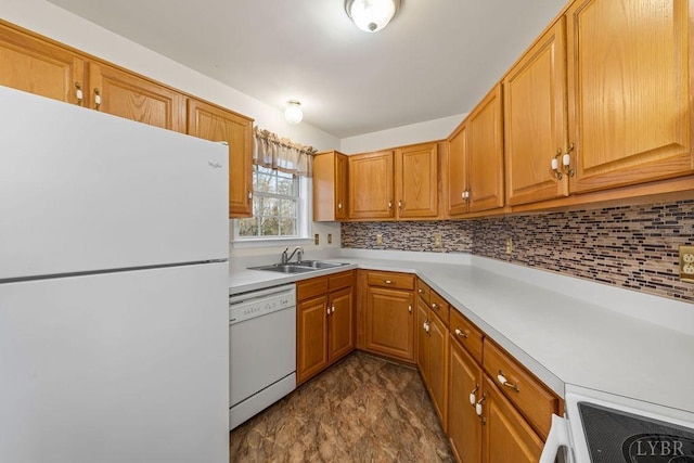 302 Pilot View Rd, Concord, VA 24538 - kitchen featuring white appliances, a sink, tasteful backsplash, light countertops, and brown cabinetry