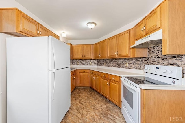 302 Pilot View Rd, Concord, VA 24538 - kitchen featuring white appliances, under cabinet range hood, backsplash, and light countertops