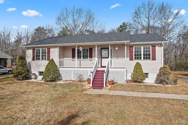302 Pilot View Rd, Concord, VA 24538 - ranch-style home featuring covered porch, a front lawn, stairway, and a shingled roof