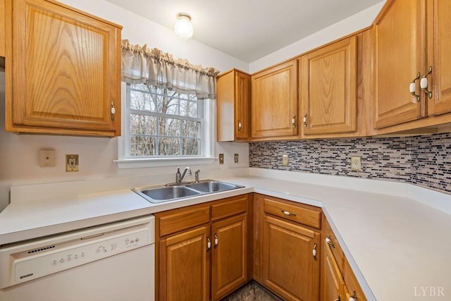 302 Pilot View Rd, Concord, VA 24538 - kitchen featuring dishwasher, a sink, light countertops, decorative backsplash, and brown cabinetry