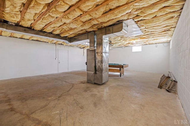 302 Pilot View Rd, Concord, VA 24538 - below grade area with billiards table, heating unit, and concrete block wall