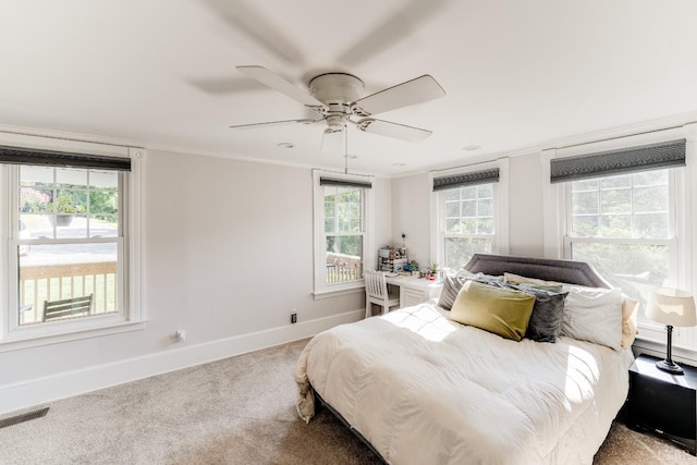 1038 Valencia Dr, Huddleston, VA 24101 - bedroom featuring baseboards, carpet flooring, ornamental molding, and ceiling fan