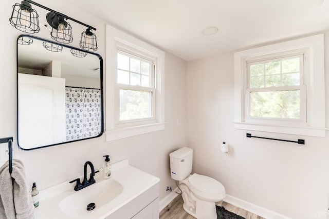 1038 Valencia Dr, Huddleston, VA 24101 - full bathroom with baseboards, wood finished floors, toilet, vanity, and plenty of natural light