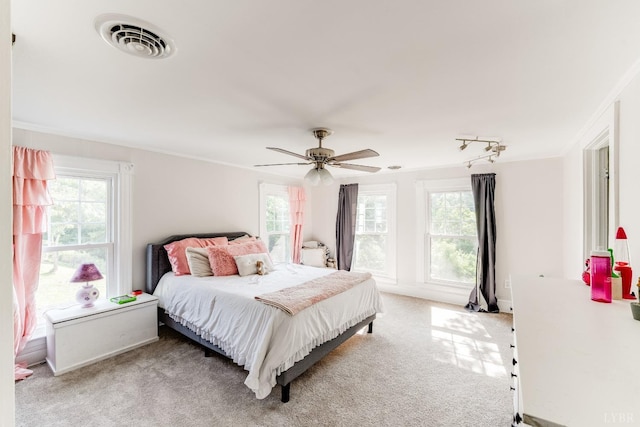 1038 Valencia Dr, Huddleston, VA 24101 - bedroom with light colored carpet, ceiling fan, and ornamental molding