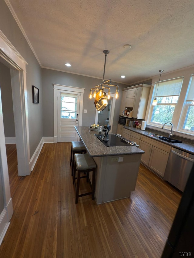 318 Westover Blvd, Lynchburg, VA 24501 - kitchen featuring stainless steel dishwasher, a sink, a center island, ornamental molding, and black electric cooktop