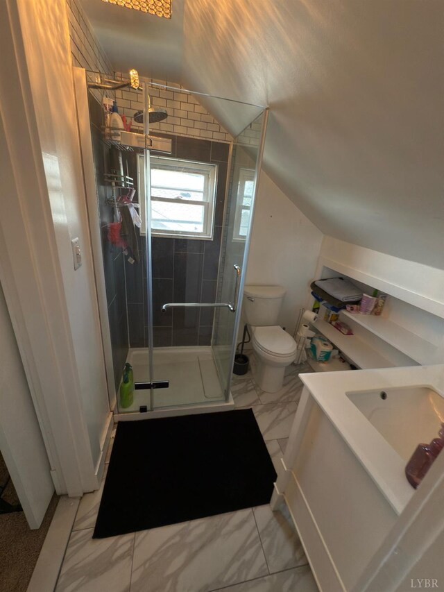 318 Westover Blvd, Lynchburg, VA 24501 - full bathroom with toilet, a shower stall, vaulted ceiling, vanity, and marble look tile flooring