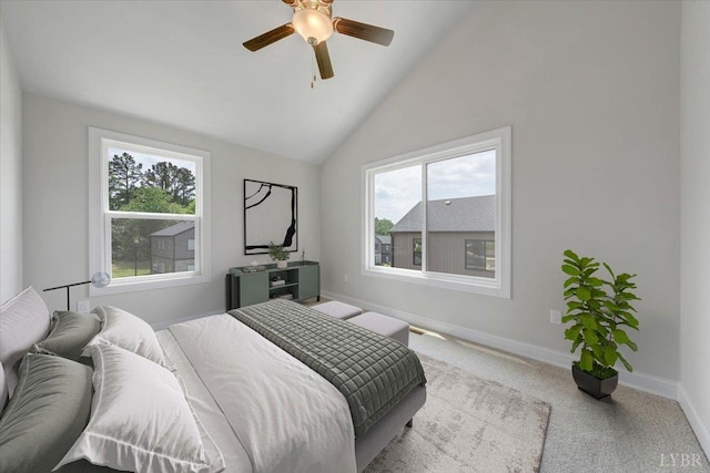 38 Shotman Rd, Rustburg, VA 24502 - carpeted bedroom featuring multiple windows, a ceiling fan, and high vaulted ceiling