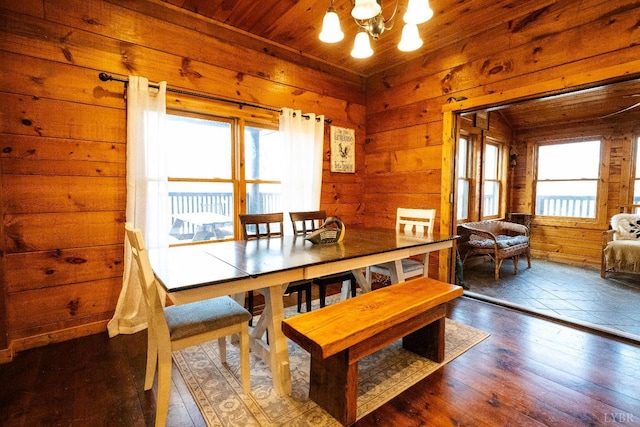 1582 Venturous Trl, Goode, VA 24556 - dining space featuring a notable chandelier, wooden walls, wood ceiling, and wood-type flooring