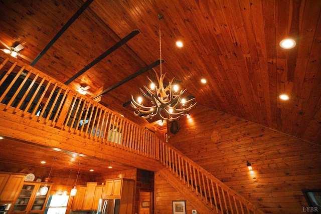 1582 Venturous Trl, Goode, VA 24556 - interior details featuring a notable chandelier, stainless steel refrigerator, wooden walls, and wood ceiling