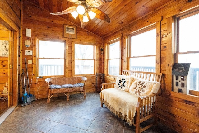 1582 Venturous Trl, Goode, VA 24556 - interior space with lofted ceiling, wood walls, wood ceiling, and a ceiling fan