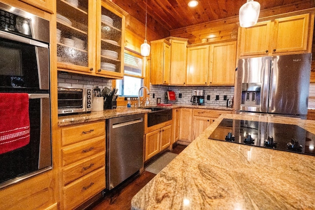 1582 Venturous Trl, Goode, VA 24556 - kitchen featuring backsplash, pendant lighting, a sink, light stone countertops, and stainless steel appliances