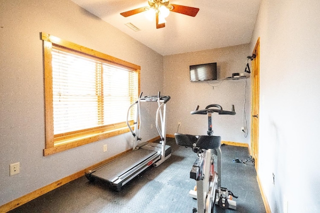 1582 Venturous Trl, Goode, VA 24556 - workout room with baseboards, visible vents, and ceiling fan