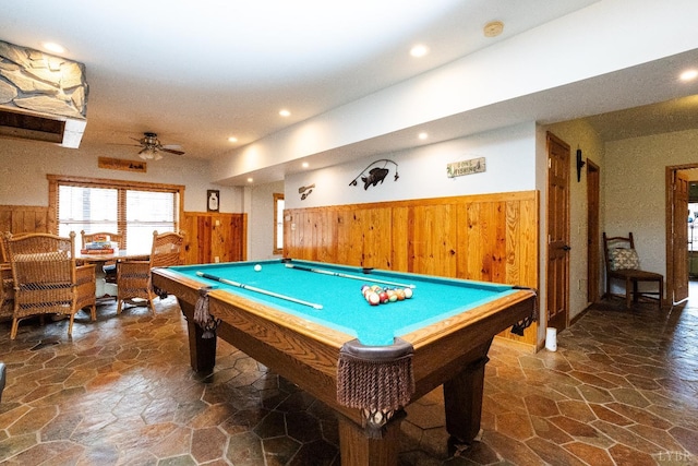 1582 Venturous Trl, Goode, VA 24556 - game room featuring a ceiling fan, stone flooring, wainscoting, billiards, and recessed lighting