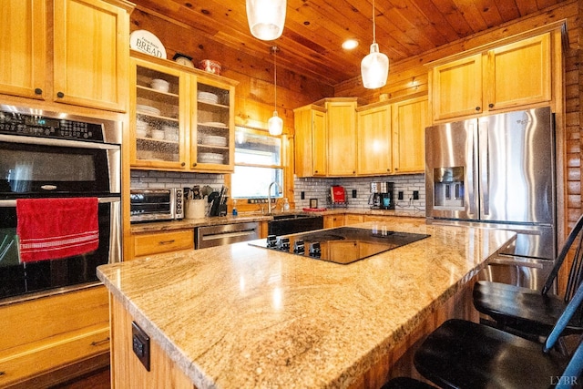 1582 Venturous Trl, Goode, VA 24556 - kitchen featuring wood ceiling, a sink, appliances with stainless steel finishes, a center island, and decorative backsplash