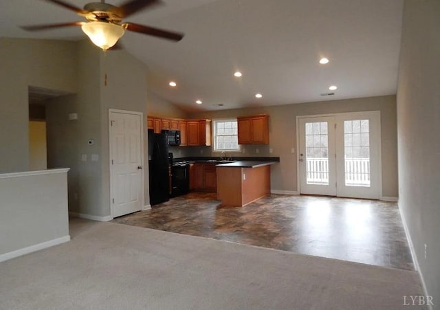 289 Todd Ln, Madison Heights, VA 24572 - kitchen with dark countertops, baseboards, black appliances, open floor plan, and ceiling fan
