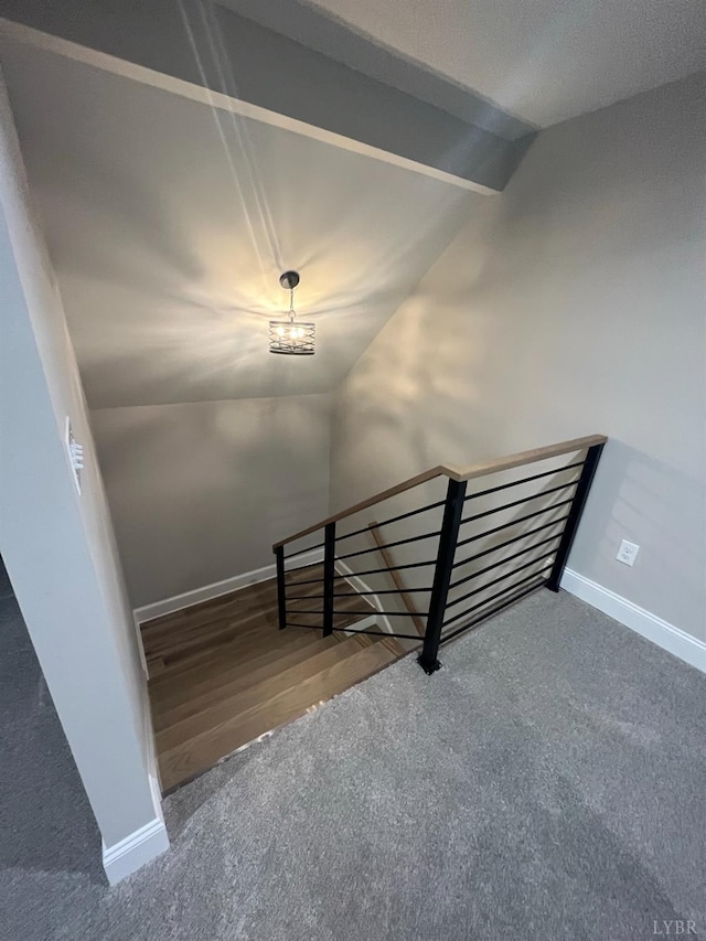 43 Grandset Dr, Forest, VA 24551 - stairs with vaulted ceiling, baseboards, carpet floors, and a chandelier