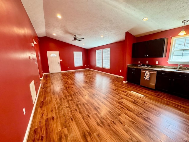 2809 Herbert St, Lynchburg, VA 24501 - kitchen with dishwasher, vaulted ceiling, a textured ceiling, light wood finished floors, and a ceiling fan