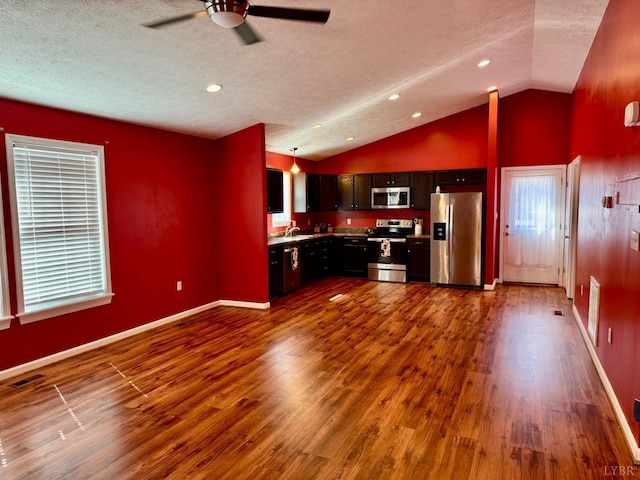 2809 Herbert St, Lynchburg, VA 24501 - kitchen featuring appliances with stainless steel finishes, a sink, a ceiling fan, dark wood finished floors, and lofted ceiling