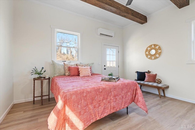 119 Ves Rd, Lynchburg, VA 24503 - bedroom featuring a wall mounted AC, beamed ceiling, light wood finished floors, baseboards, and crown molding