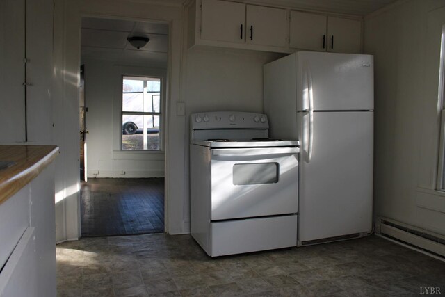 2127 Hanover St, Lynchburg, VA 24501 - kitchen featuring light countertops, a baseboard heating unit, white cabinets, and white appliances