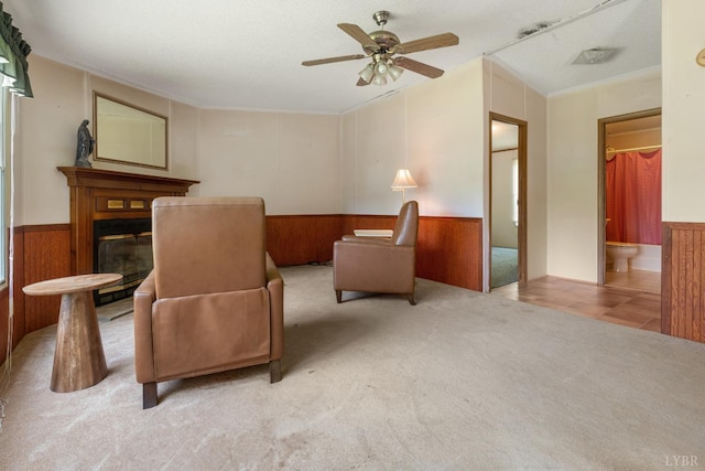 550 Mitchell Rd, Axton, VA 24054 - living area with ceiling fan, a wainscoted wall, wood walls, carpet floors, and a glass covered fireplace