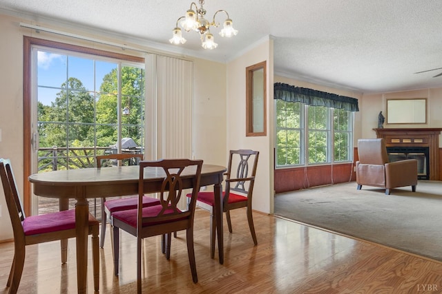 550 Mitchell Rd, Axton, VA 24054 - dining space with a glass covered fireplace, a textured ceiling, an inviting chandelier, and wood finished floors