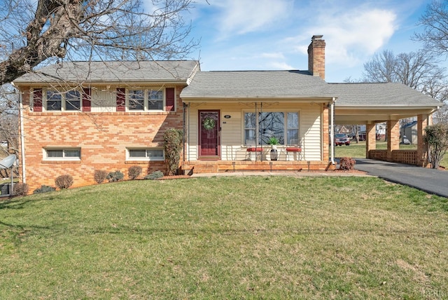 337 Virginia Ave, Appomattox, VA 24522 - split level home with brick siding, a chimney, driveway, and an attached carport
