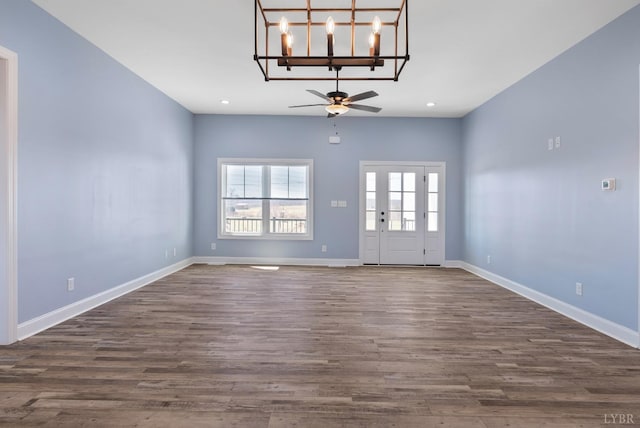 2135 Bellevue Rd, Forest, VA 24551 - entrance foyer with a ceiling fan, a chandelier, dark wood-type flooring, and recessed lighting