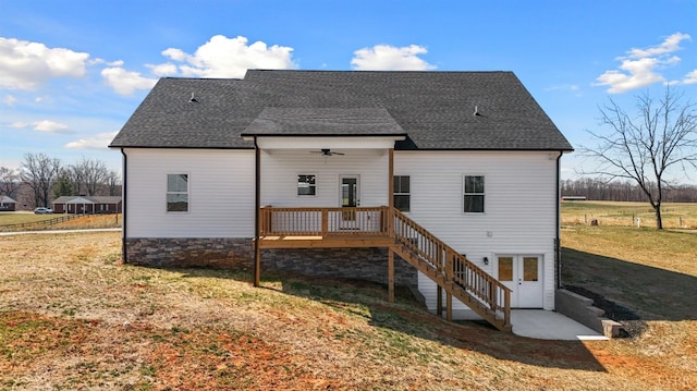 2135 Bellevue Rd, Forest, VA 24551 - back of house with a wooden deck, a ceiling fan, a lawn, roof with shingles, and stairs