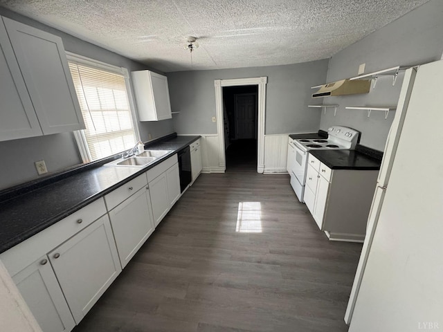 800 Spring St, Lynchburg, VA 24504 - kitchen featuring white appliances, a textured ceiling, a sink, dark countertops, and open shelves