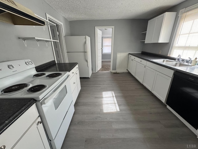 800 Spring St, Lynchburg, VA 24504 - kitchen featuring white appliances, open shelves, under cabinet range hood, a sink, and a textured ceiling