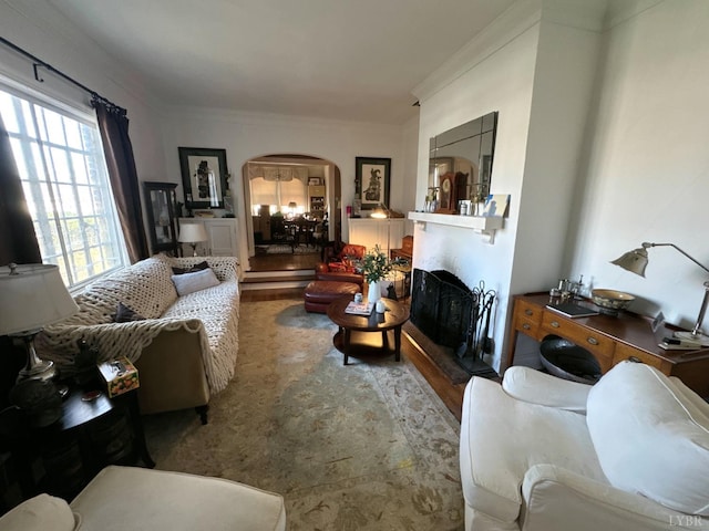 living area with arched walkways, a fireplace with raised hearth, wood finished floors, and crown molding