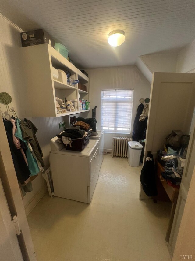 807 Pershing Ave, Lynchburg, VA 24503 - laundry area with radiator, washing machine and dryer, and light flooring