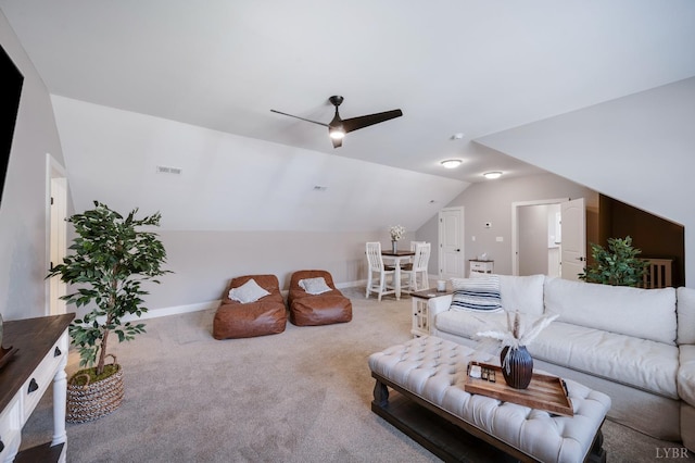 706 Elmwood Ave, Lynchburg, VA 24503 - living room featuring carpet flooring, a ceiling fan, visible vents, baseboards, and lofted ceiling