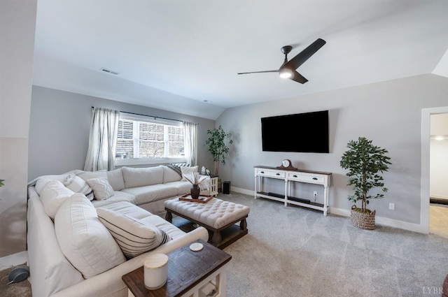 706 Elmwood Ave, Lynchburg, VA 24503 - carpeted living area featuring ceiling fan, lofted ceiling, baseboards, and visible vents
