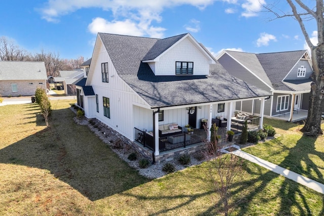 706 Elmwood Ave, Lynchburg, VA 24503 - rear view of property with an outdoor living space, board and batten siding, a yard, a patio, and a shingled roof