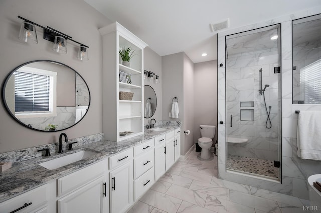 706 Elmwood Ave, Lynchburg, VA 24503 - bathroom featuring a sink, toilet, a shower stall, and marble finish floor