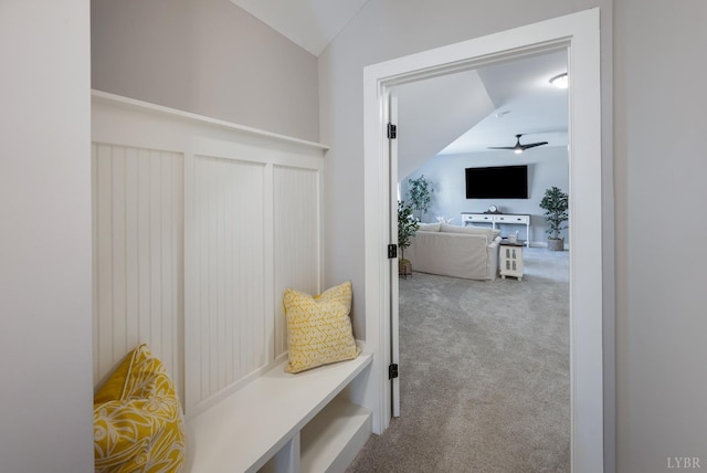 706 Elmwood Ave, Lynchburg, VA 24503 - mudroom with carpet flooring, lofted ceiling, and ceiling fan