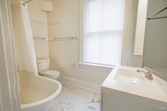 226 Denver Ave, Lynchburg, VA 24503 - full bath with toilet, marble finish floor, vanity, baseboards, and a freestanding tub