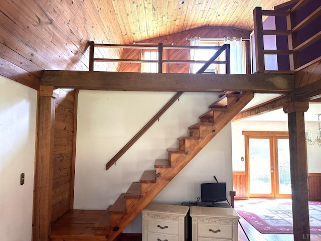 506 Peters Hollow Rd, Monroe, VA 24574 - staircase with french doors, plenty of natural light, wood ceiling, and a wainscoted wall