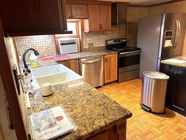 506 Peters Hollow Rd, Monroe, VA 24574 - kitchen with a sink, decorative backsplash, appliances with stainless steel finishes, and brown cabinetry
