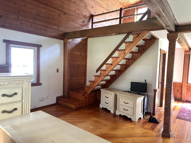 506 Peters Hollow Rd, Monroe, VA 24574 - staircase with lofted ceiling, wood ceiling, and wood finished floors