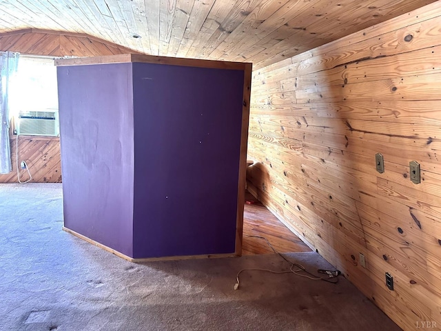 506 Peters Hollow Rd, Monroe, VA 24574 - interior space featuring cooling unit, wooden walls, wooden ceiling, and carpet flooring